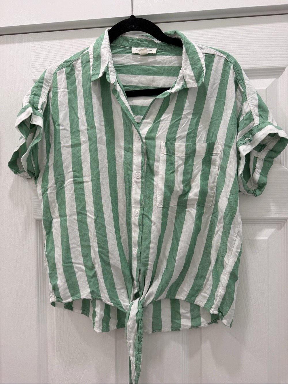 beachlunchlounge Mint Green & White Striped Tie-Front Button Down Shirt